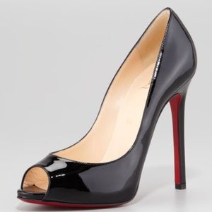 NEW NIB Christian Louboutin Flo Patent Leather Red Sole Peep-Toe Pump Black 37.5